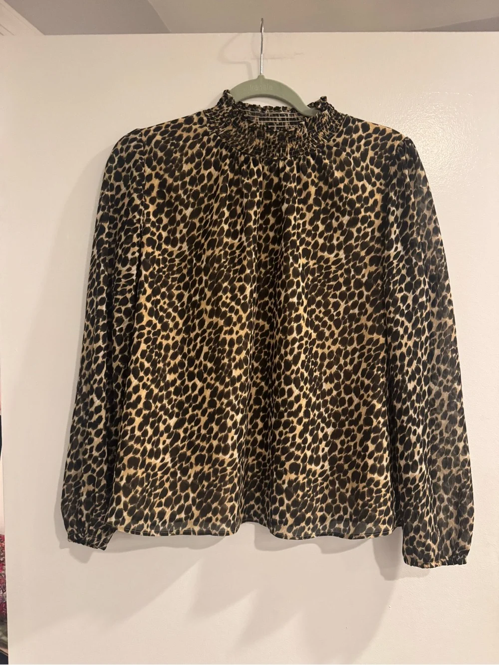 J.Crew Leopard Print Smocked Neck Long Sleeve Blouse Small Tan Black